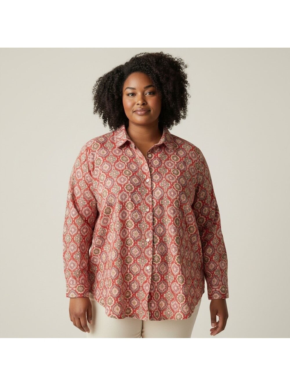 Unbranded Shirt Women XL Red Geometric Button Up Collared Long Sleeve Pockets